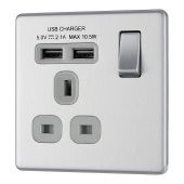 BG FBS21U2G Screwless Flat Plate Stainless Steel Single Switched 13A Socket with USB Charging - 2X USB Sockets (2.1A)