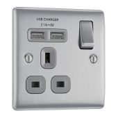 BG NBS21U2G Stainless Steel Single Switched 13A Socket with USB Charging - 2X USB Sockets (2.1A)