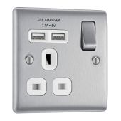 BG NBS21U2W Stainless Steel Single Switched 13A Socket with USB Charging - 2X USB Sockets (2.1A)