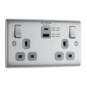 BG NBS22UAC30G Stainless Steel Double Switched 13A Socket with USB Charging - USB A+C Sockets (4.2A) (Grey)