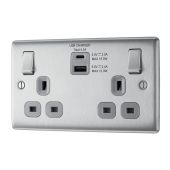 BG NFB22UAC12B Stainless Steel Double Switched 13A Socket with USB Charging - USB A+C Sockets (12W)