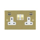 Hamilton 82SS2USBULTSB-W Satin Brass 13A double switched socket with dual 2.4A USB-A charger