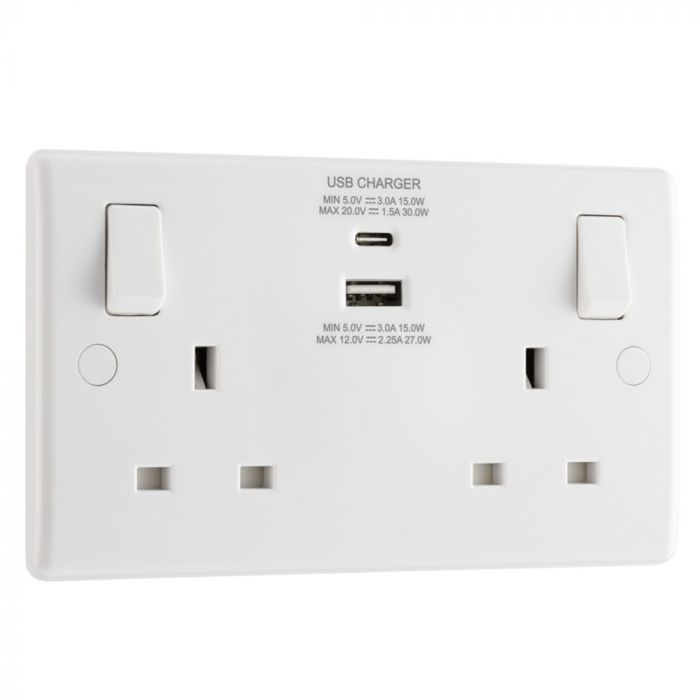 BG 822UAC30 Switched Double Socket with 30W Type A + C USB