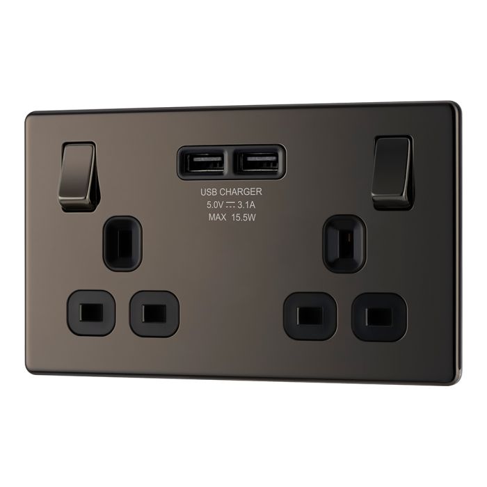 BG FBN22U3B Screwless Flat Plate Black Nickel Double Switched 13A Socket with USB Charging - 2X USB Sockets (3.1A)