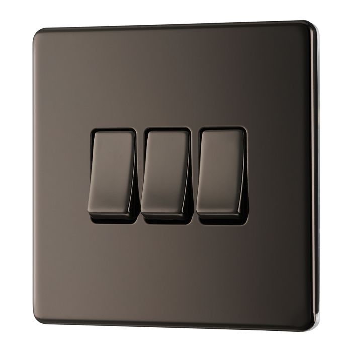 BG FBN43 Screwless Flat Plate Black Nickel Triple Switch 10A 2 Way