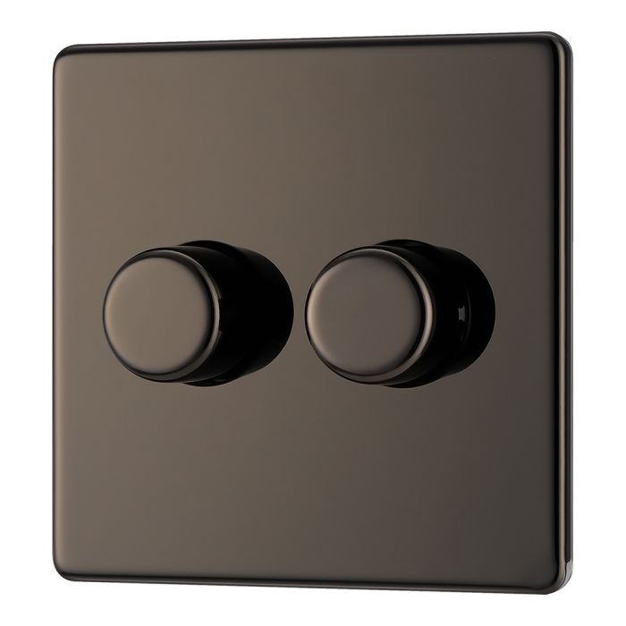 BG FBN82 Screwless Flat Plate Black Nickel Double Intelligent LED 2 Way Dimmer Switch 