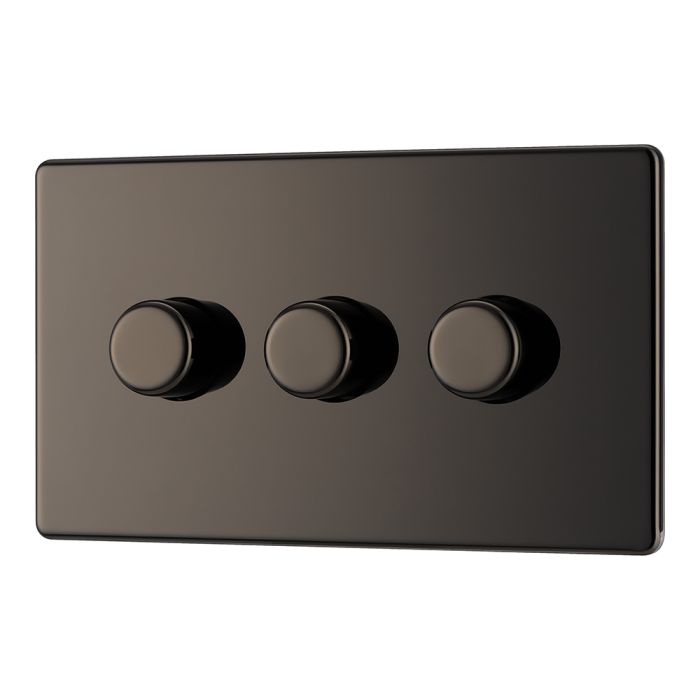 BG FBN83 Screwless Flat Plate Black Nickel Triple Intelligent LED 2 Way Dimmer Switch 