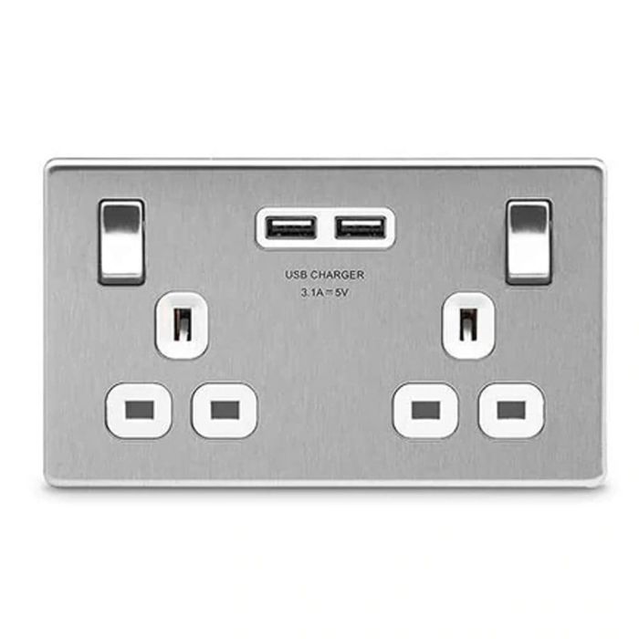 BG FBS22U3W Screwless Flat Plate Stainless Steel Double Switched 13A Socket with USB Charging - 2X USB Sockets (3.1A)