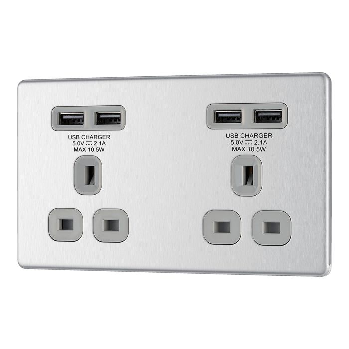 BG FBS24U44G Screwless Flat Plate Stainless Steel Double Unswitched 13A Socket with USB Charging - 4X USB Sockets (4.2A)