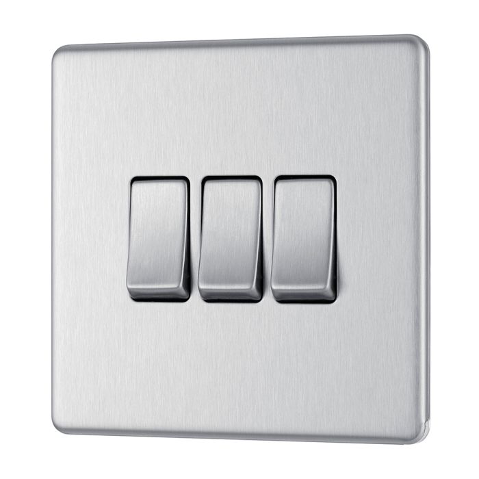 BG FBS43 Screwless Flat Plate Stainless Steel Triple Switch 10A 2 Way