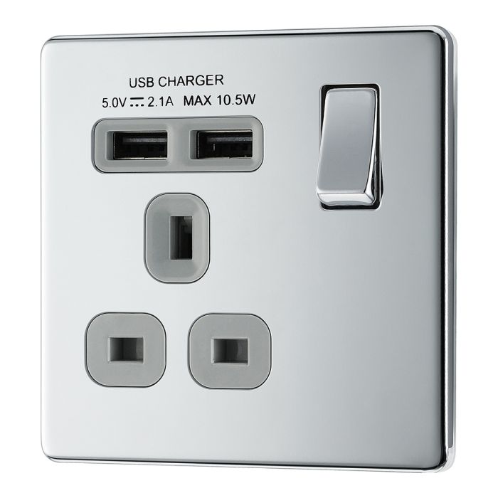 BG FPC21U2G Screwless Flat Plate Polished Chrome Single Switched 13A Socket with USB Charging - 2X USB Sockets (2.1A)