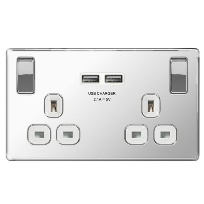 BG FPC22U3W Screwless Flat Plate Polished Chrome Double Switched 13A Socket with USB Charging - 2X USB Sockets (3.1A)