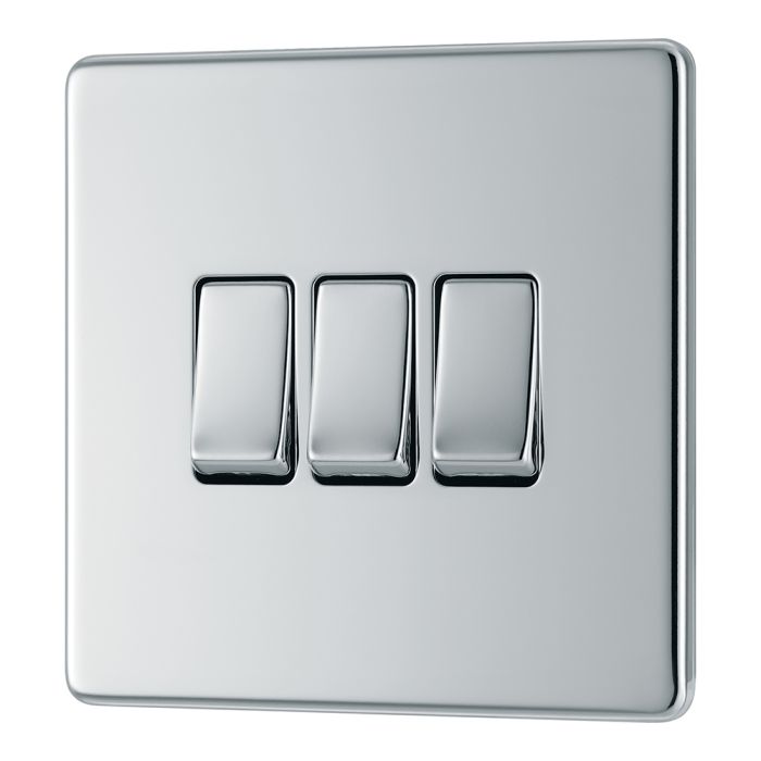 BG FPC43 Screwless Flat Plate Polished Chrome Triple Switch 10A 2 Way