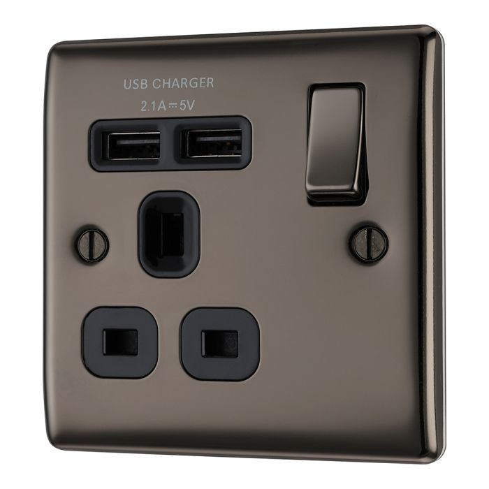 BG NBN21U2B Black Nickel Single Switched 13A Socket with USB Charging - 2X USB Sockets (2.1A)