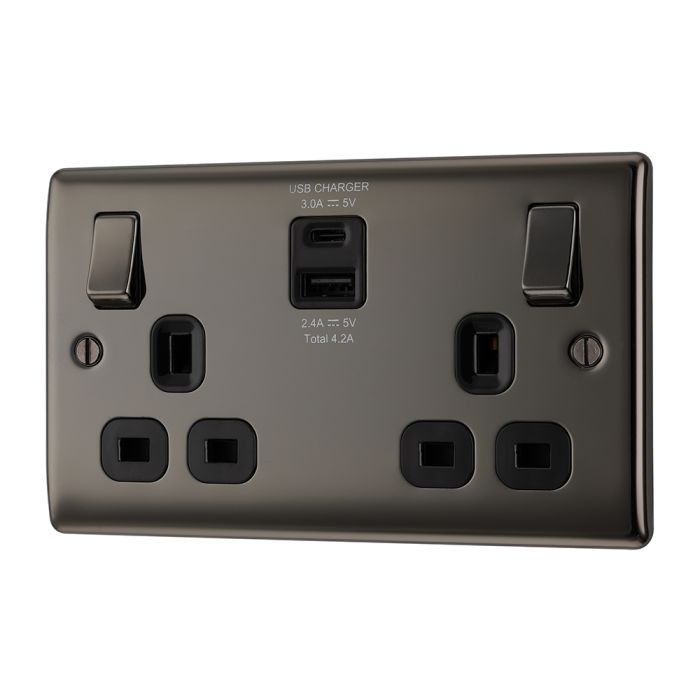 BG NBN22UACB Black Nickel Double Switched 13A Socket with USB Charging - USB A+C Sockets (4.2A) (Black)