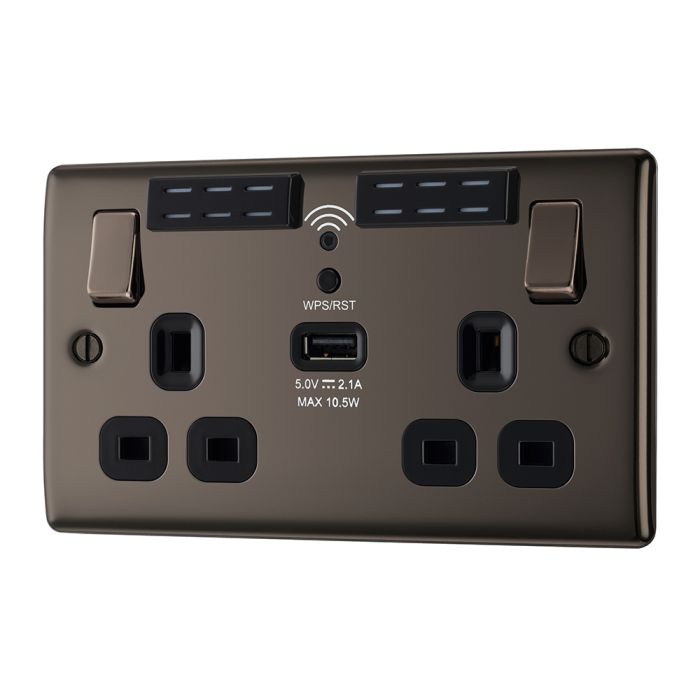 BG NBN22UWRB Black Nickel Double Switched 13A Socket with Wifi Extender + USB Charging - 1X USB Socket (2.1A)