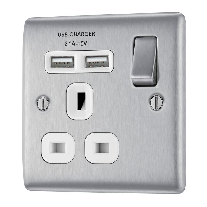 BG NBS21U2W Stainless Steel Single Switched 13A Socket with USB Charging - 2X USB Sockets (2.1A)