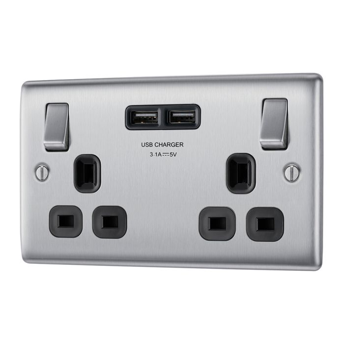 BG NBS22U3B Stainless Steel Double Switched 13A Socket with USB Charging - 2X USB Sockets (3.1A)