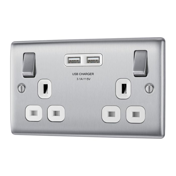 BG NBS22U3W Stainless Steel Double Switched 13A Socket with USB Charging - 2X USB Sockets (3.1A)