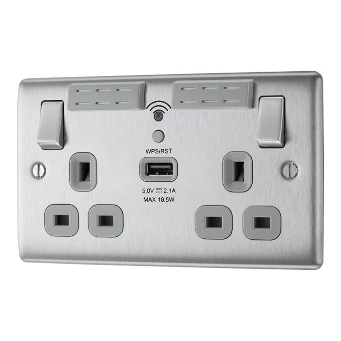 BG NBS22UWRG Stainless Steel Double Switched 13A Socket with Wifi Extender + USB Charging - 1X USB Socket (2.1A)