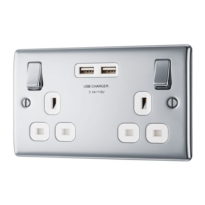 BG NPC22U3W Polished Chrome Double Switched 13A Socket with USB Charging - 2X USB Sockets (3.1A)