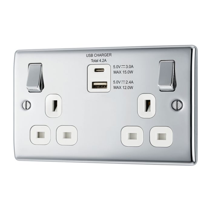 BG NPC22UACW Polished Chrome Double Switched 13A Socket with USB Charging - USB A+C Sockets (4.2A) (White)