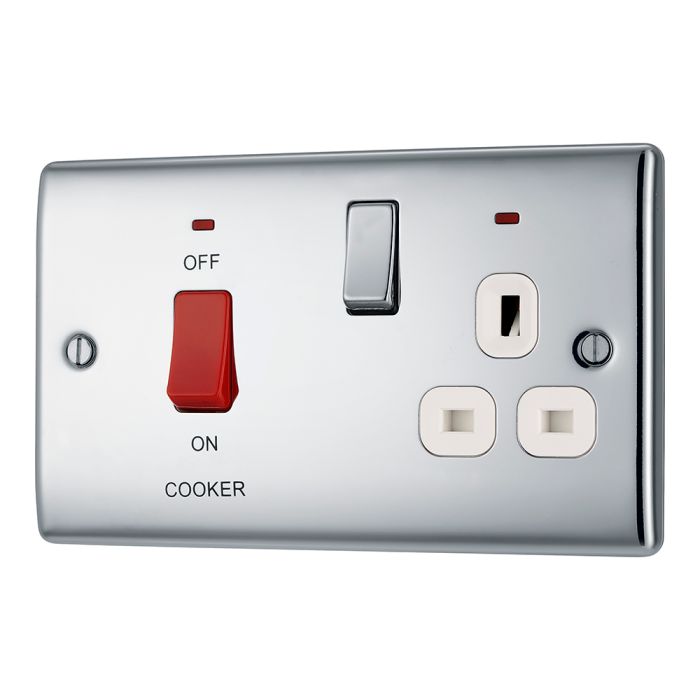 BG NPC70W Polished Chrome 45A Cooker Control Unit with Switched 13A Socket with Neon