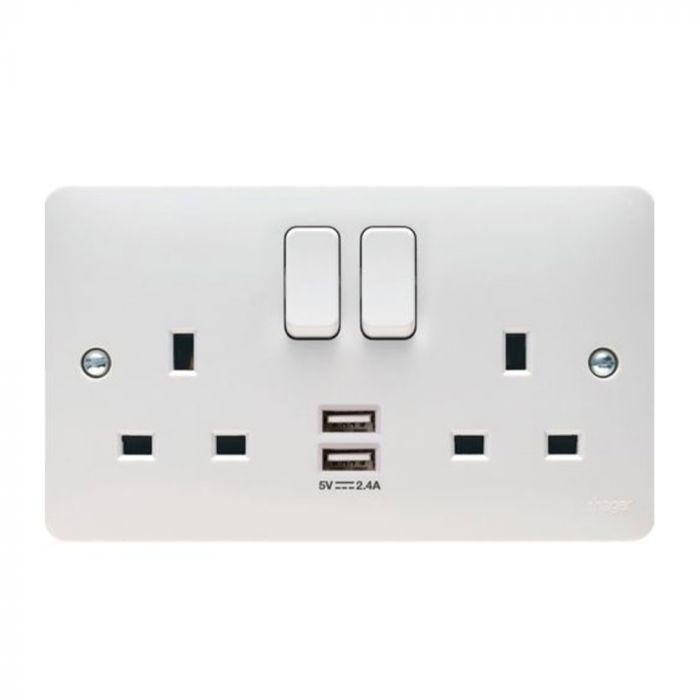 Hager Sollysta WMSS82USB Switched Double Socket with Twin USB Ports