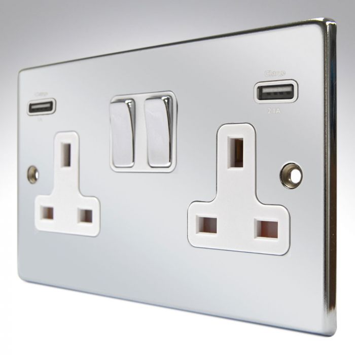 Hamilton 77SS2USBULTBC-W Polished Chrome Switched Double USB Socket 