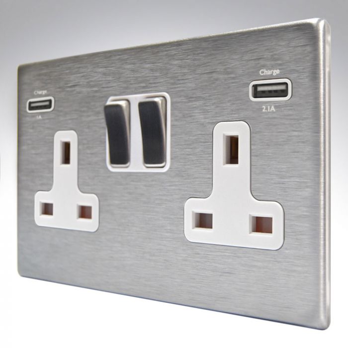 Hamilton 74CSS2USBULTSS-W CFX Satin Steel Switched Double USB Socket 