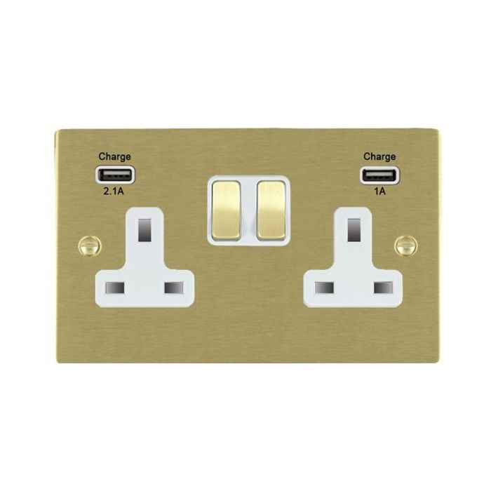 Hamilton 72SS2USBULTSB-W Satin Brass 13A double switched socket with dual 2.4A USB-A charger