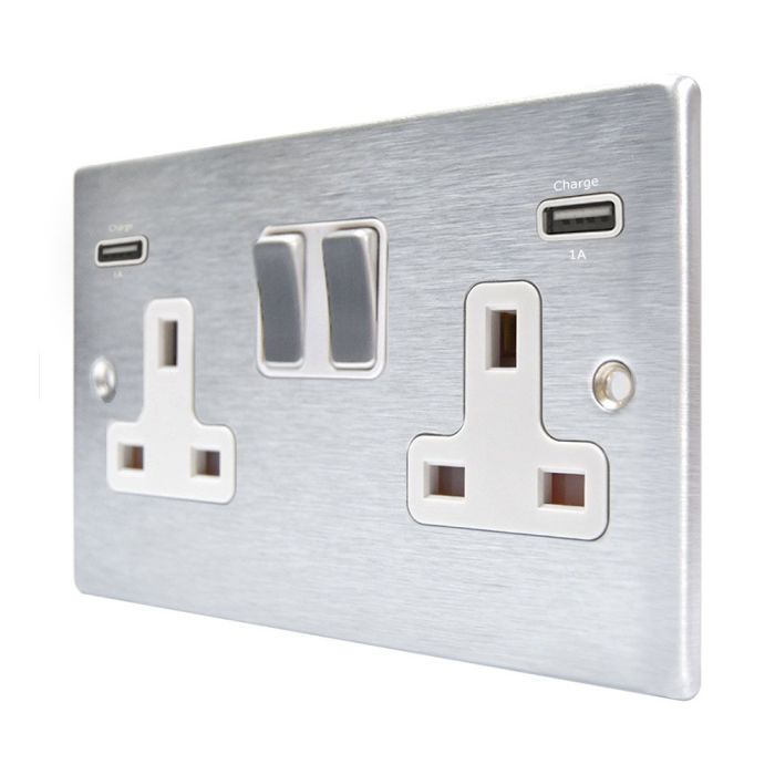 Hamilton 76SS2USBULTSC-W Satin Chrome 13A double switched socket with dual 2.4A USB-A charger