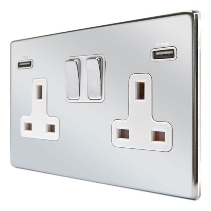 Hamilton 77CSS2USBULTBC-W CFX Polished Chrome 13A double switched socket with dual 2.4A USB-A charger