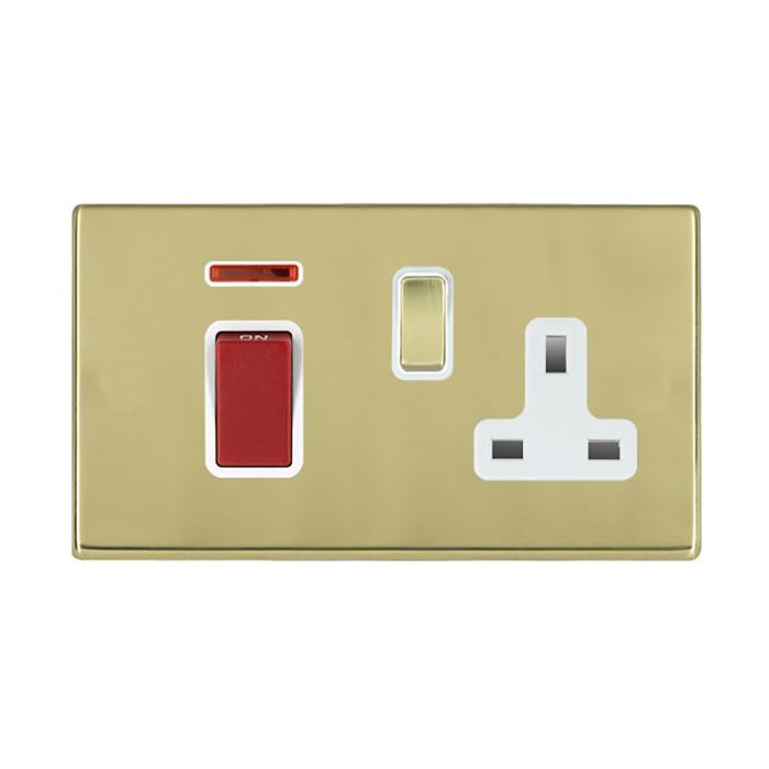 Hamilton 7G2145SS1PB-W G2 Polished Brass 45A double pole isolator and switched 13A socket with neon indicator