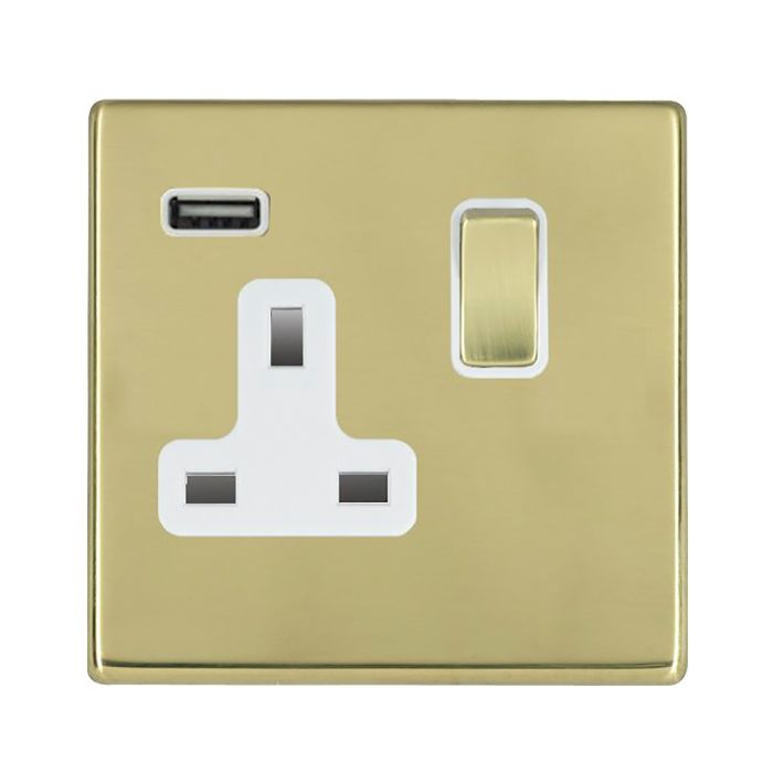 Hamilton 7G21SS1USBPB-W G2 Polished Brass 13A single switched socket with 2.4A USB charger