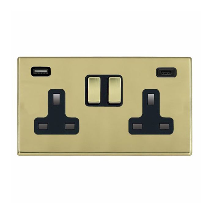Hamilton 7G21SS2USBCPB-B G2 Polished Brass 13A double switched socket with 2.4A USB-C & USB-A charger