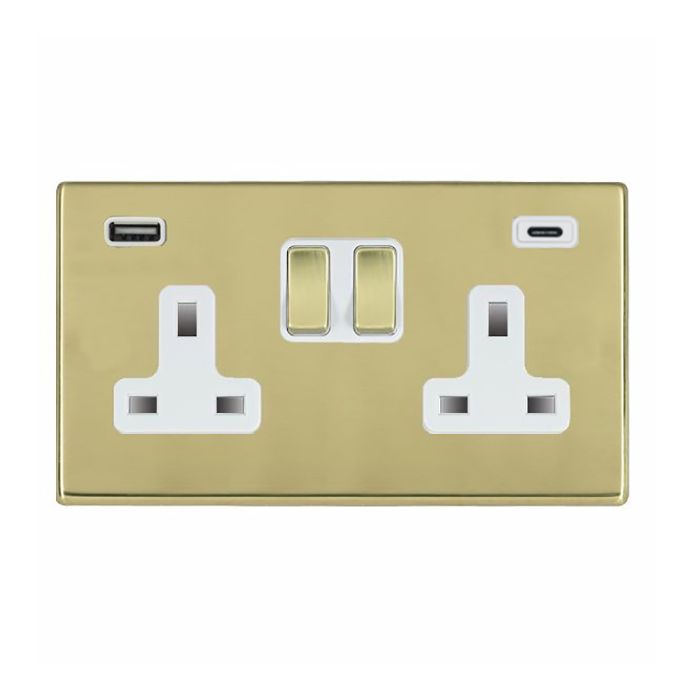Hamilton 7G21SS2USBCPB-W G2 Polished Brass 13A double switched socket with 2.4A USB-C & USB-A charger