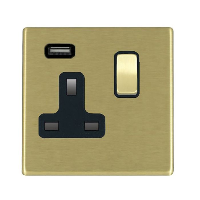 Hamilton 7G22SS1USBSB-B G2 Satin Brass 13A single switched socket with 2.4A USB charger
