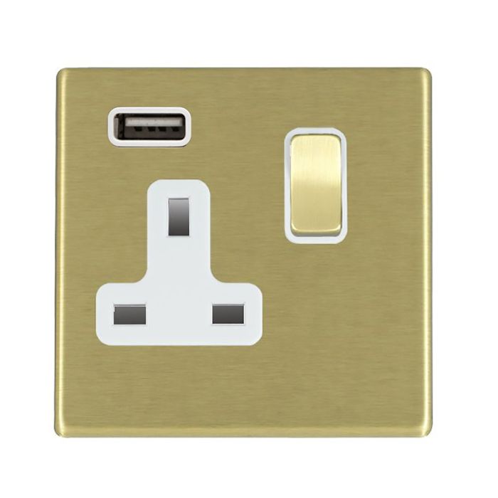 Hamilton 7G22SS1USBSB-W G2 Satin Brass 13A single switched socket with 2.4A USB charger