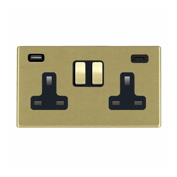 Hamilton 7G22SS2USBCSB-B G2 Satin Brass 13A double switched socket with 2.4A USB-C & USB-A charger