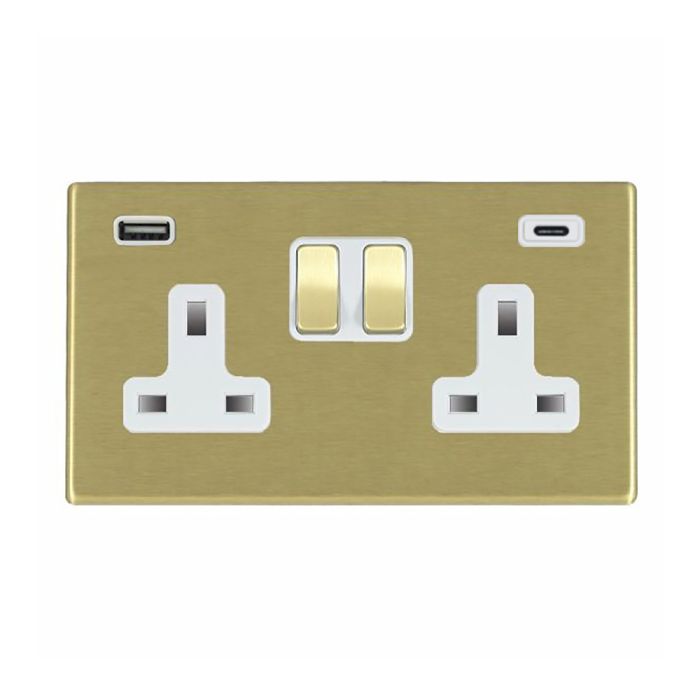 Hamilton 7G22SS2USBCSB-W G2 Satin Brass 13A double switched socket with 2.4A USB-C & USB-A charger