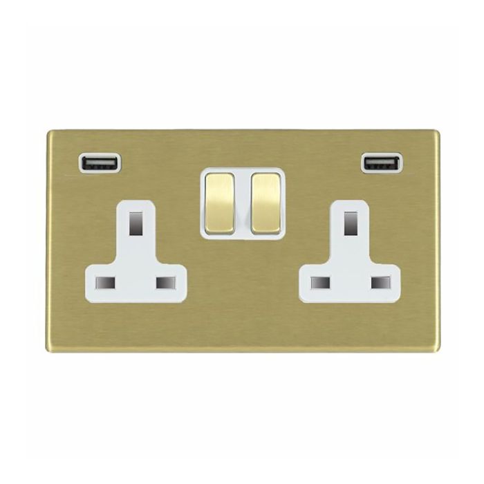 Hamilton 7G22SS2USBULTSB-W G2 Satin Brass 13A double switched socket with dual 2.4A USB-A charger