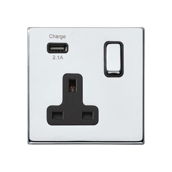 Hamilton 7G27SS1USBBC-B G2 Polished Chrome 13A single switched socket with 2.4A USB charger