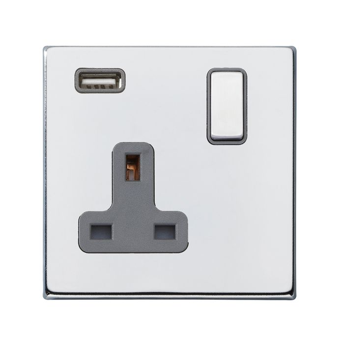 Hamilton 7G27SS1USBBC-QG G2 Polished Chrome 13A single switched socket with 2.4A USB charger