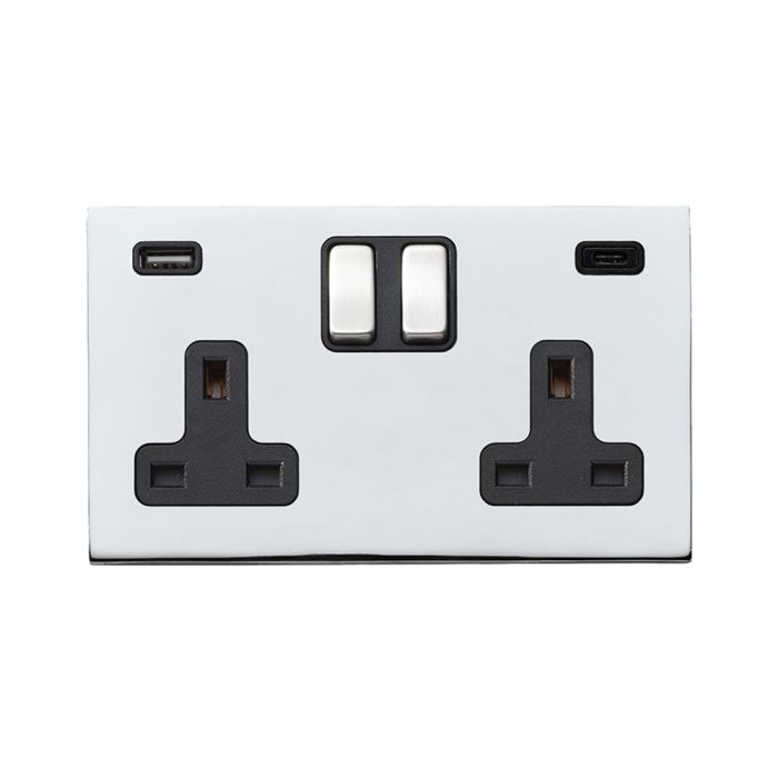 Hamilton 7G27SS2USBCBC-B G2 Polished Chrome 13A double switched socket with 2.4A USB-C & USB-A charger