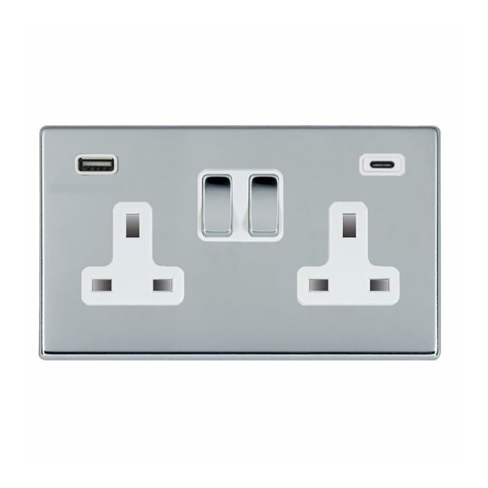 Hamilton 7G27SS2USBCBC-W G2 Polished Chrome 13A double switched socket with 2.4A USB-C & USB-A charger