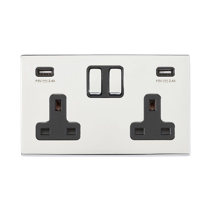 Hamilton 7G27SS2USBULTBC-B G2 Polished Chrome 13A double switched socket with dual 2.4A USB-A charger