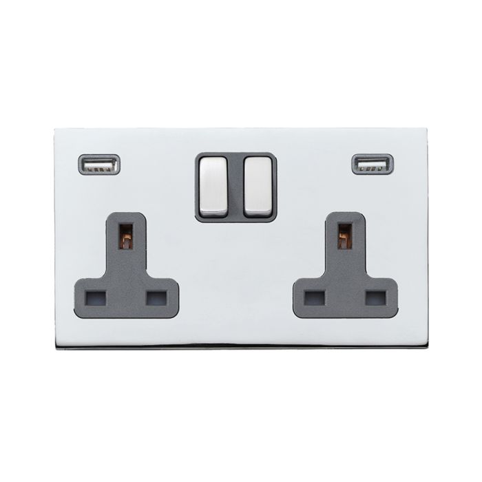 Hamilton 7G27SS2USBULTBC-QG G2 Polished Chrome 13A double switched socket with dual 2.4A USB-A charger