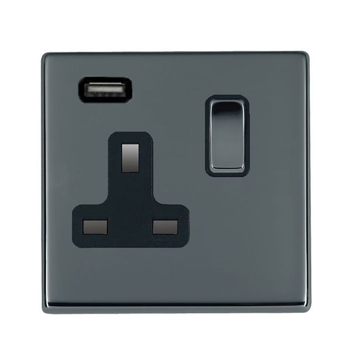 Hamilton 7G28SS1USBBK-B G2 Black Nickel 13A single switched socket with 2.4A USB charger