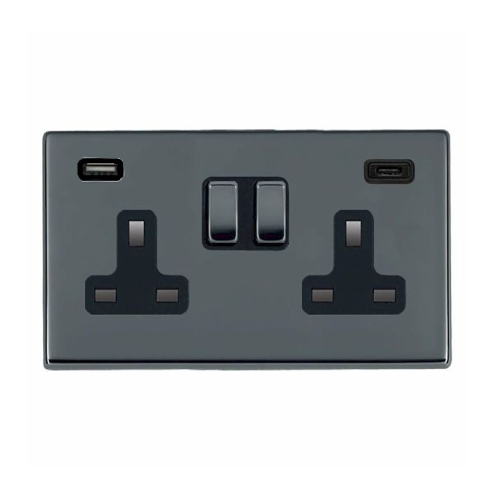Hamilton 7G28SS2USBCBK-B G2 Black Nickel 13A double switched socket with 2.4A USB-C & USB-A charger